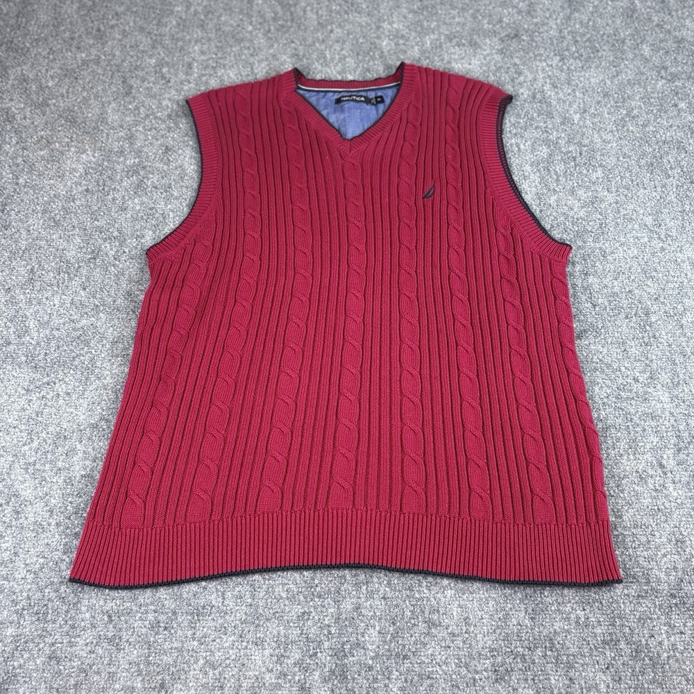 Vintage Y2K Nautica Sweater Vest Men's XL Red Cable Knit Preppy Academia Coastal